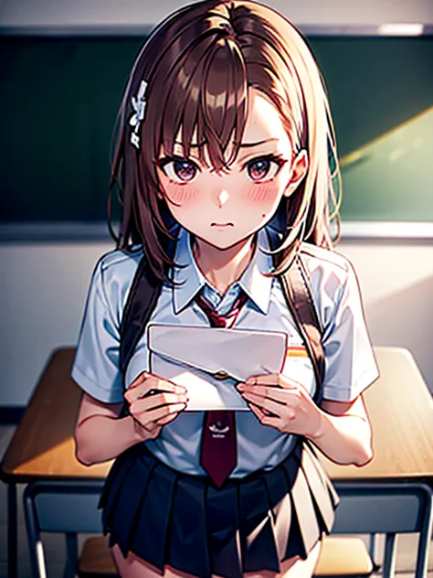 Misaka Mikoto、 (hold an envelope to your chest)、classroom、after school、blush、embarrassing、uniform、UHD, retina, masterpiece, ccur...