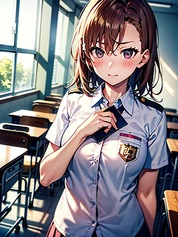 Misaka Mikoto、 (hold an envelope to your chest)、classroom、after school、blush、embarrassing、uniform、UHD, retina, masterpiece, ccurate, anatomically correct, textured skin, super detail, high details, high quality, best quality, highres, 4K