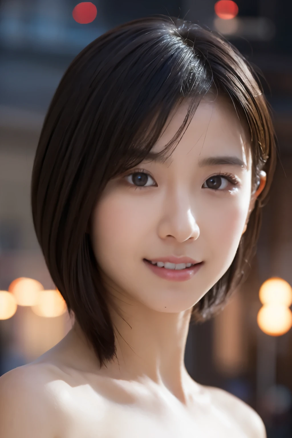 close-up photo of face、1 girl, (naked:1.2), (RAW photo, highest quality), (realistic, small breasts:1.4), very delicate and beautiful, very detailed, 2k wallpaper, wonderful, finely, Very detailed CG Unity 8k 壁紙, Super detailed, High resolution, soft light, beautiful detailed girl, very detailed目と顔, beautifully detailed nose, Finely beautiful eyes, cinematic lighting, night city lights, perfect anatomy, slender body, smile