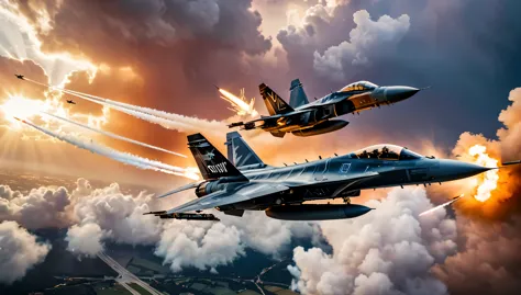 title: "aerial showdown: modern fighter jets clash" | generate a wide shot photo capturing a final showdown scene between modern...