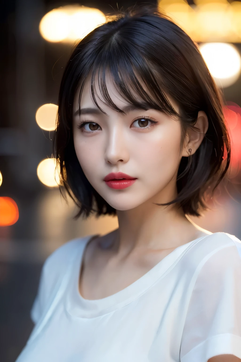 ((close-up photo of face:1.4))、red lipstick:1.3, mix 4, (8k, original photo, highest quality, masterpiece: 1.45), (actual, lifelike: 1.37), thin japanese woman, One girl, attractive, City view, night, rain, Wet, professional lighting, photon mapping, radio city, Physically based rendering, gradient black hair, short curly hair, good looking, girl, T-shirt, High resolution, 1080p, (clean face), (Detailed facial description), (Detailed explanation of hands), (Detailed CG), extreme light and shadow, messy hair, rich in details, (exquisite features), (highest quality photos), (beautiful eyes), look in front of you, thin clavicle,