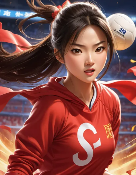 Chinese girl in red blouse is smashing vigorously， Looks a lot like Chinese athlete Lang Ping，sweatshirt with "china" ，Dynamic s...
