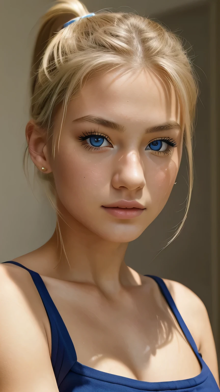 A close up of a woman with blue eyes and a ponytail - SeaArt AI