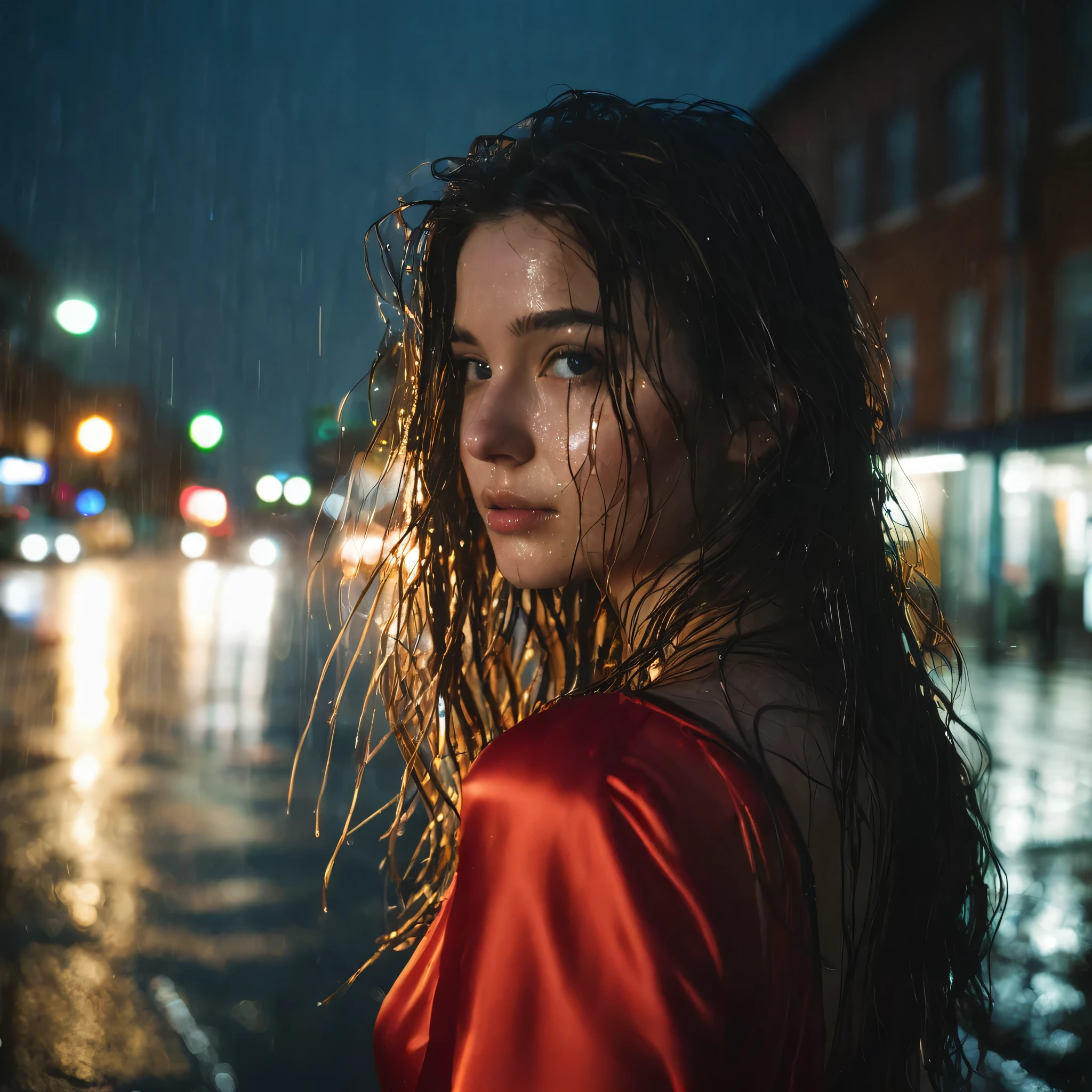 1girl,solo,long hair,Rough skin,from back,face focus,(looking at viewer:1.2),wet hair,dark,polaroid,(depth_of_field:1.5),rainy days,outdoors,street,hair between eyes,moody lighting,Tyndall effect,Cinematic Lighting,night,lamppost,lens flare,available light,rim light,glowing neon lights,curvy,Red silk dress,