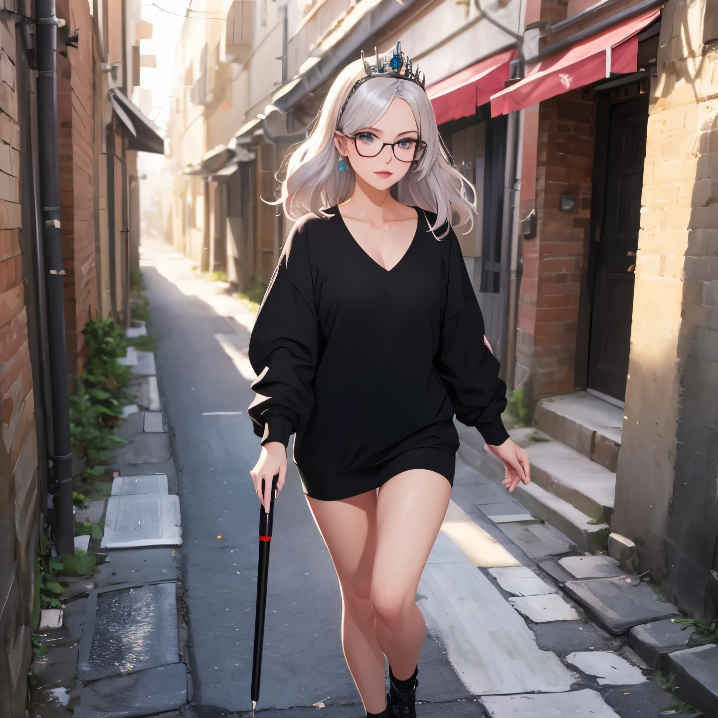 ((best quality)), ((masterpiece)), (detailed), perfect face a beautiful white-toned girl with black and silver hair wearing glasses and skin-fit black clothes, green eyes, glossy skin. detailed skin, pink lips  with a spear in hand a tiara on her head, full body walking through an alley