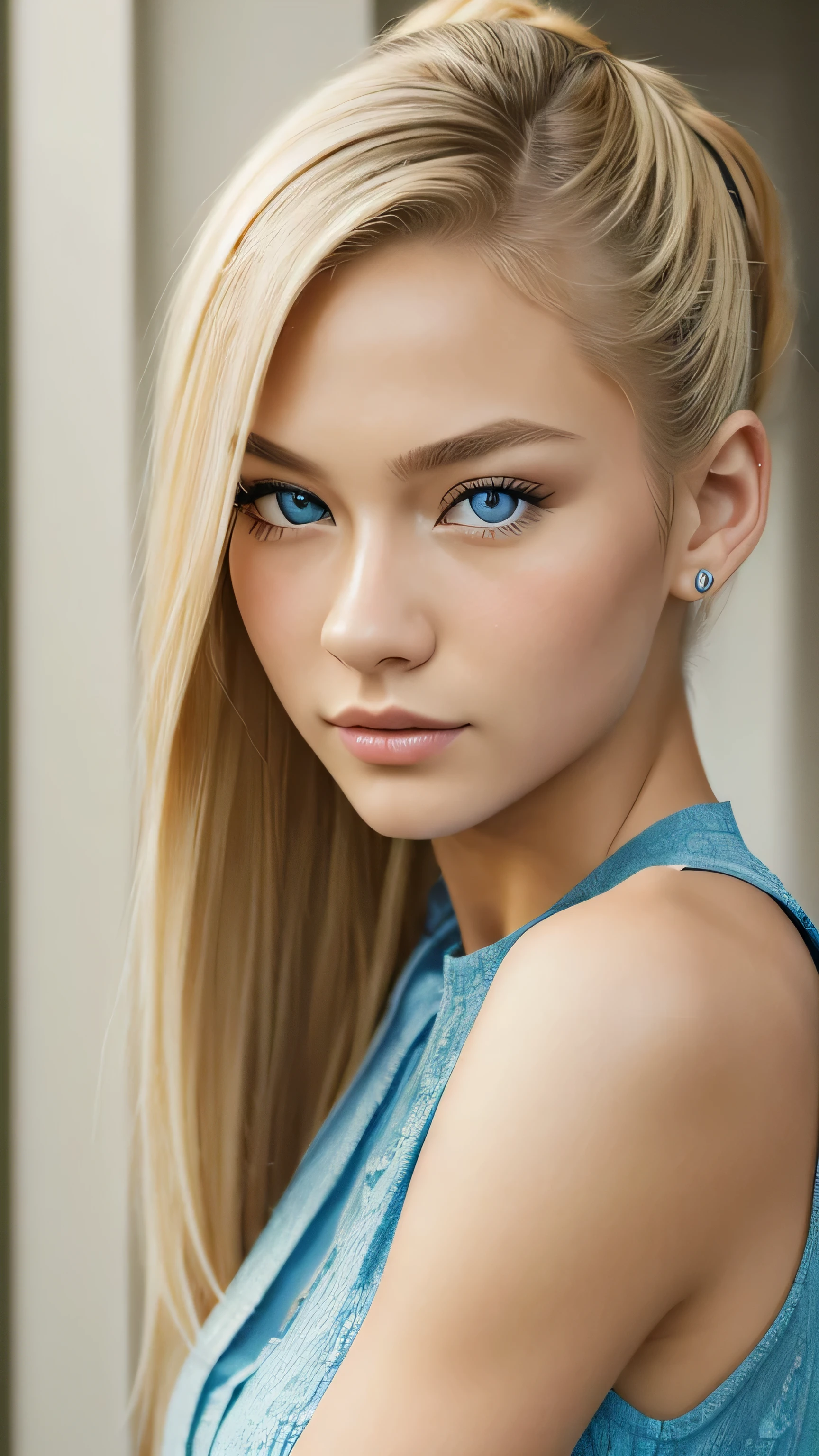 A close up of a woman with long blonde hair and blue eyes - SeaArt AI