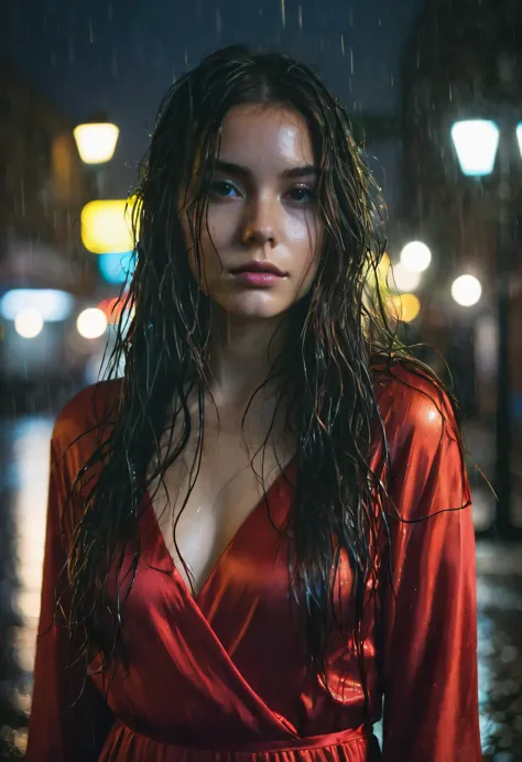 1girl,solo,long hair,Rough skin,from back,face focus,(looking at viewer:1.2),wet hair,dark,polaroid,(depth_of_field:1.5),rainy d...