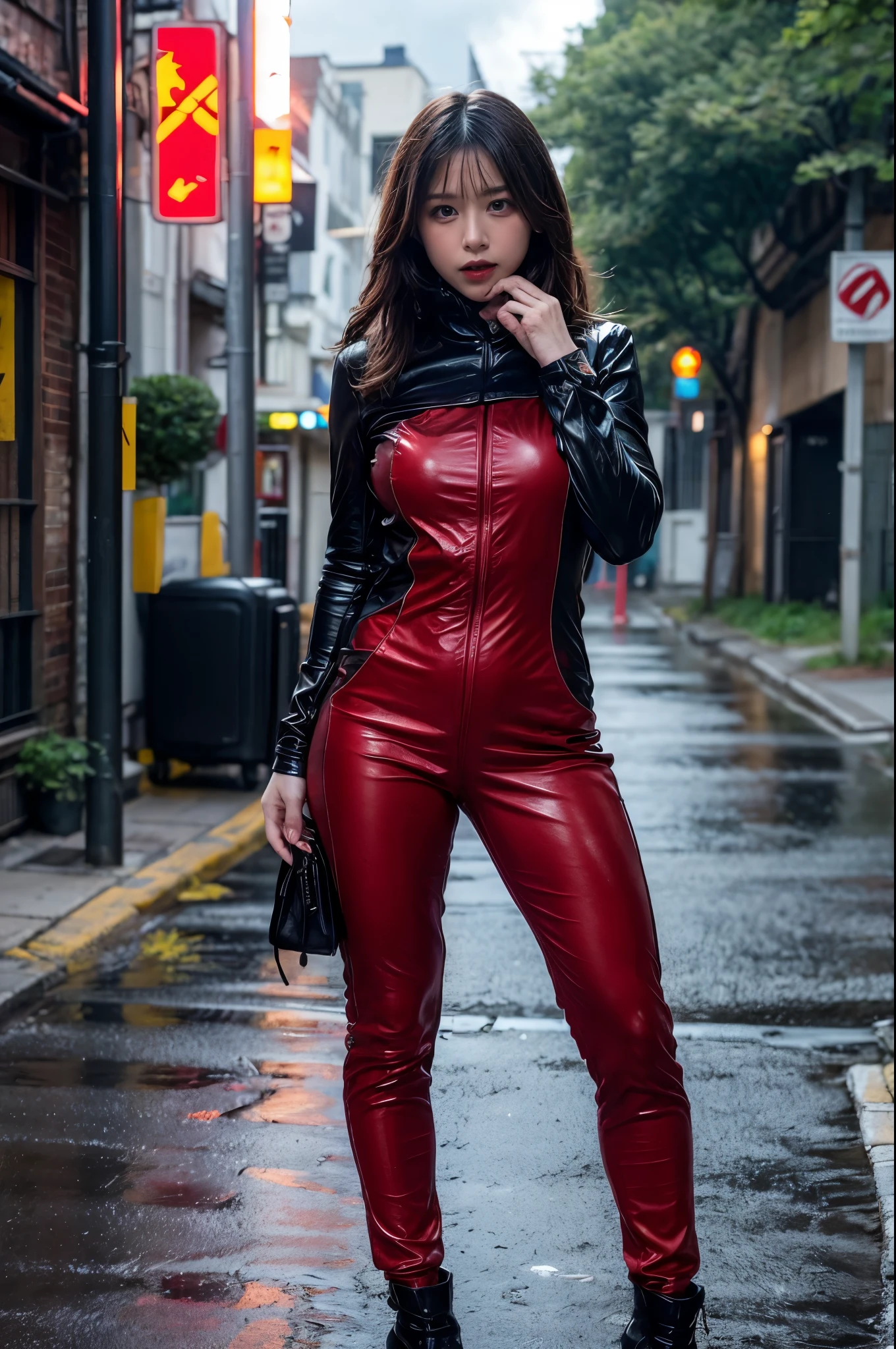 1 Japanese girl, A girl who is about to assassinate an important person, warframe, complex pattern, heavy metal, energy line, faceless, shining eyes, elegant, intense, blood red and black catsuit, alone, modern, city, street, Dark clouds, thunderstorm, heavy rain,, dramatic lighting,, (masterpiece:1.2), highest quality, High resolution,   beautiful, very detailed, perfect lighting, kill、Infiltration、assassination、full body shot:1.14,