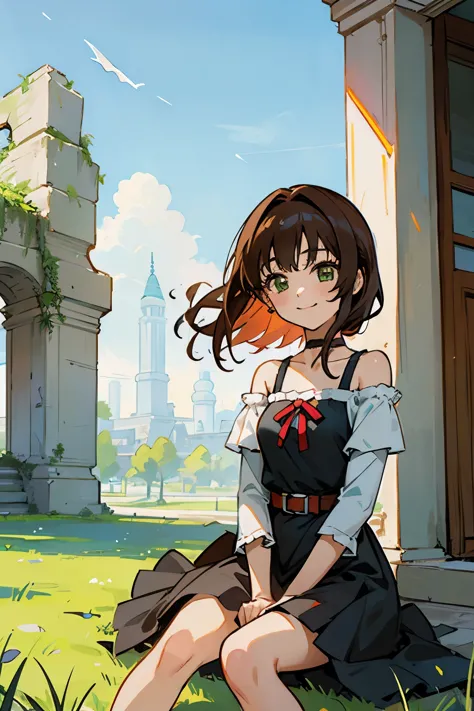 shoko sashinami, valvrave, 1 girl, brown hair, green eyes, fantasy world, ruins, folk, beautiful sky, shining sky, sunshine, smi...