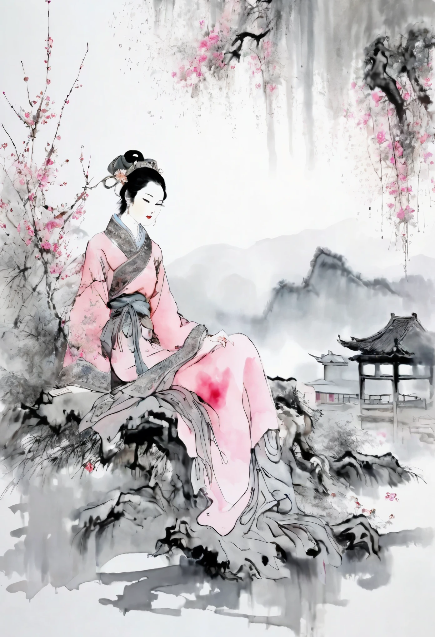 (best quality,ultra-detailed,realistic:1.37),masterpiece:1.2,woman sitting under a tree,Chinese scenery,ink splatters,ink texture,watercolor painting,pink clothing,pink attire,pale gray background