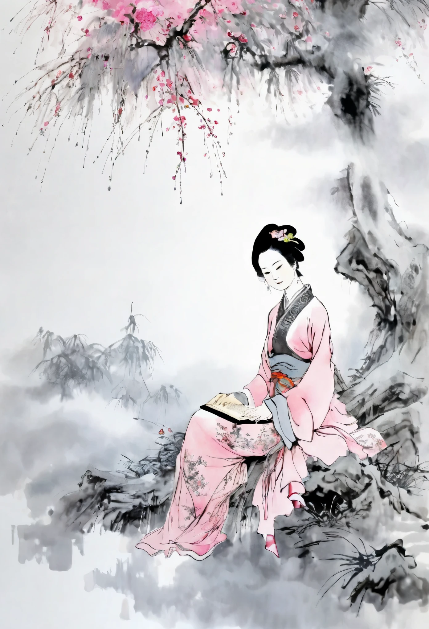 (best quality,ultra-detailed,realistic:1.37),masterpiece:1.2,woman sitting under a tree,Chinese scenery,ink splatters,ink texture,watercolor painting,pink clothing,pink attire,pale gray background