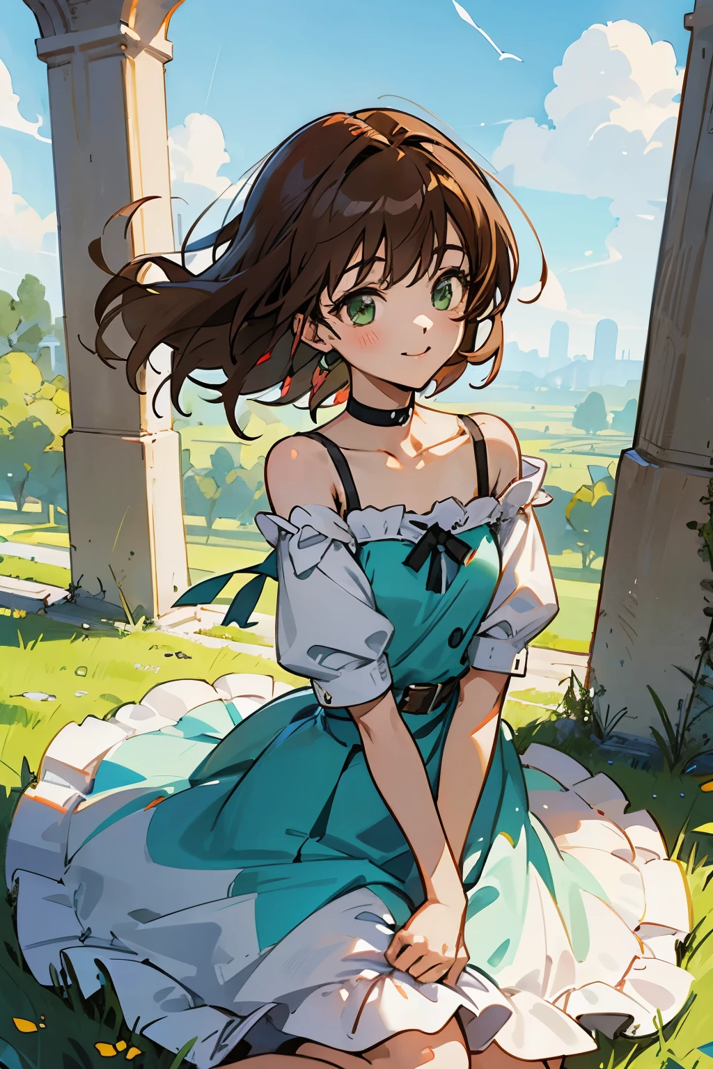 shoko sashinami, valvrave, 1 girl, brown hair, green eyes, fantasy world, ruins, folk, beautiful sky, shining sky, sunshine, smiling, belt, ribbon choker, black choker, ribbon, wind blowing dress, lace dress, black camisole and white sweater, off-shoulder sleeves, sit on the ground