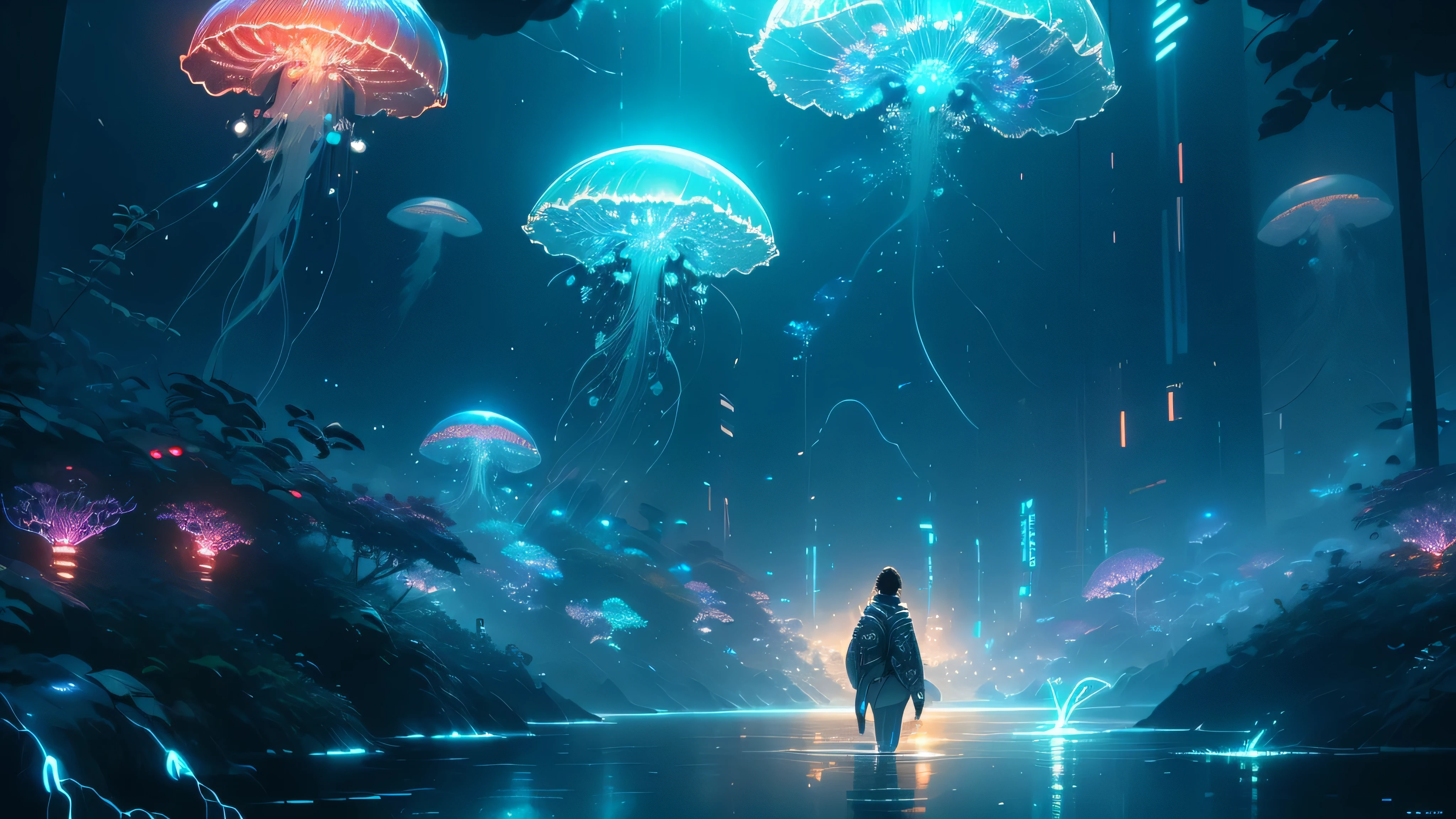 "(best quality,high resolution,super detailed),(actual:1.37) Jellyfish swimming ,mechanical tentacles,Futuristic lighting effects,neon color,reflective glass water,cityscape background,Digital display shows water temperature and pH value,Steam rises from the surface,Highlight bioluminescence,Light-emitting circuit lines,Subtle holographic projection of fish,Exciting visual dynamics,Metallic feeling,High-tech aesthetics,Artificial intelligence guides jellyfish movements,ethereal atmosphere,Stylish design,Smooth animations,sharp focus",(beautiful electricity:1.6)