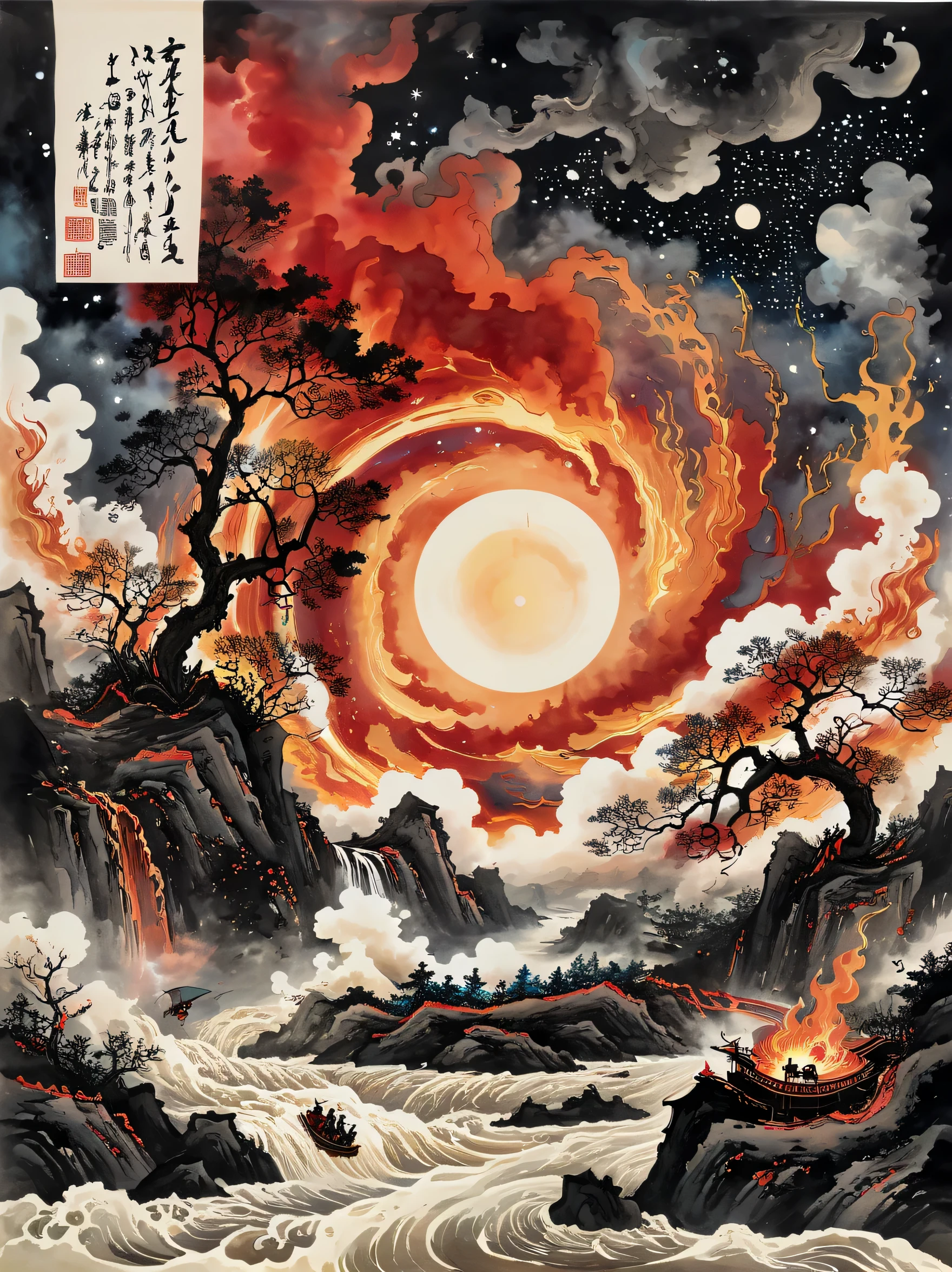 Super détaillé，Style à l&#39;encre de Chine，Paysage de rêve chinois，scène de catastrophe épique，Représente une invasion d&#39;étoiles extraterrestres qui plonge une rivière dans le chaos. réception, Silhouette d&#39;un homme debout, Ses yeux étaient fixés sur le ciel étoilé au-dessus de sa tête, Dans une forêt en proie aux flammes. Les nuages au-dessus planent ensemble, formant une énorme forme d&#39;œil. Au centre de cet œil, Une étoile rayonnante vient, Symbolisant la fusion du ciel et de la terre. Le contraste entre les nuages rouges ardents et les nuages noirs profonds，domine la scène, Reflète le conflit entre les tons chauds et froids. Cette représentation donne une impression de fragmentation de l&#39;espace et une atmosphère de science-fiction, créer un style mixte，susciter un sentiment de peur et de fascination.