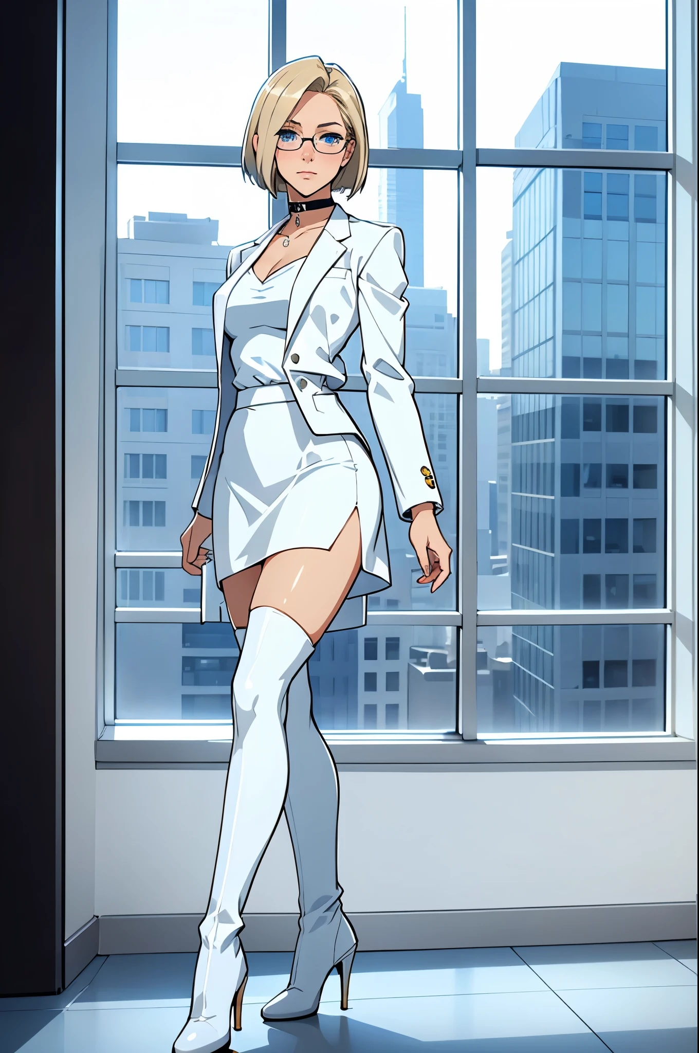 female, short straight blonde hair, blue eyes, white suit jacket, white skirt, long white high heel boots, black choker, no t shirt, medium , glasses, blushing, in front of a window