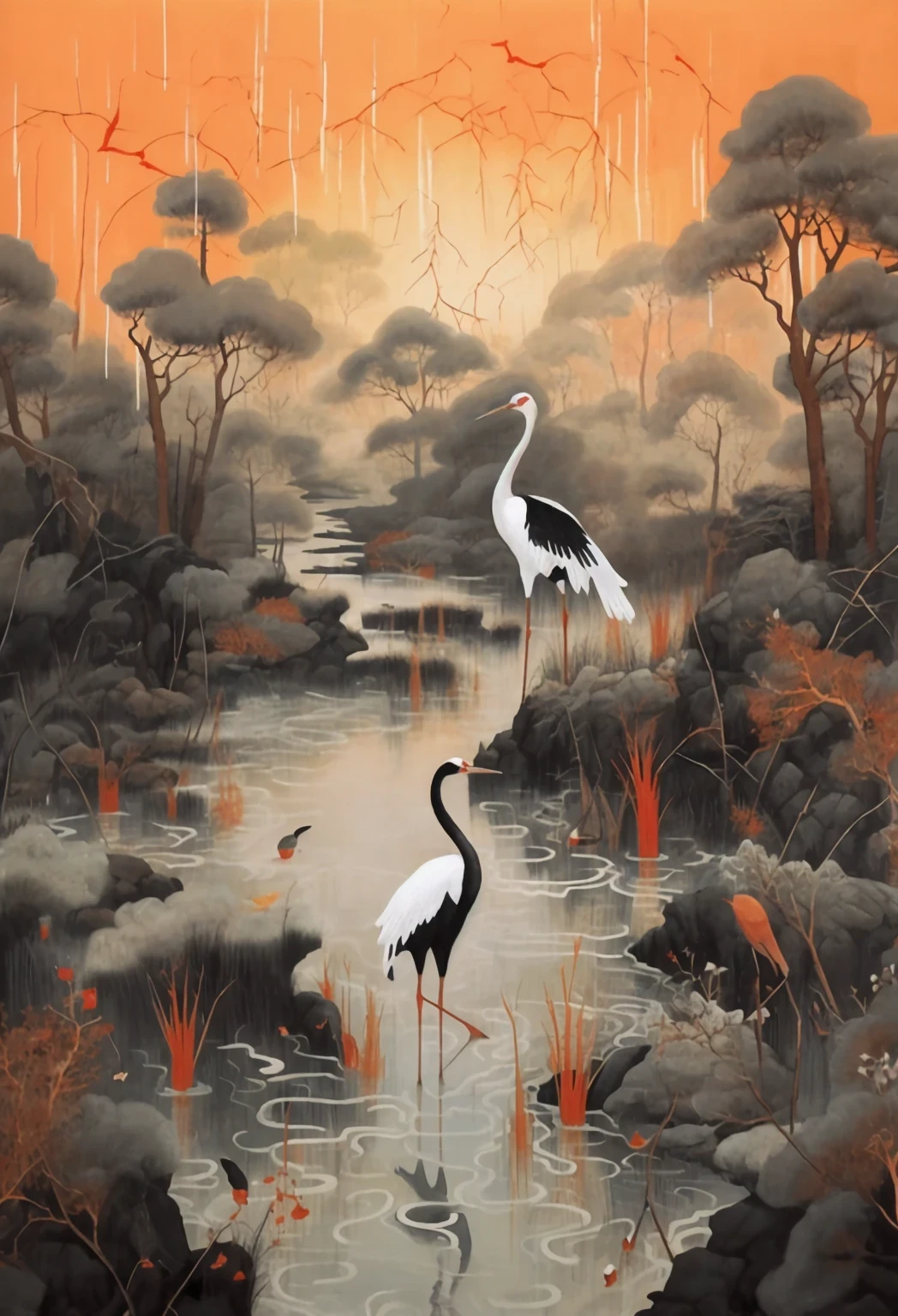 there are two cranes standing in a pond of water, japanese crane bird in center, traditional Chinese painting, 中traditional Chinese painting风格, crane, Japanese traditional painting, cranes, Chinese style painting, A beautiful artistic illustration, Chinese traditional ink painting, ancient japanese painting, Detailed painting 4k, 令人惊叹的artistic masterpiece, Japanese painting, artistic masterpiece, by Shen Quan