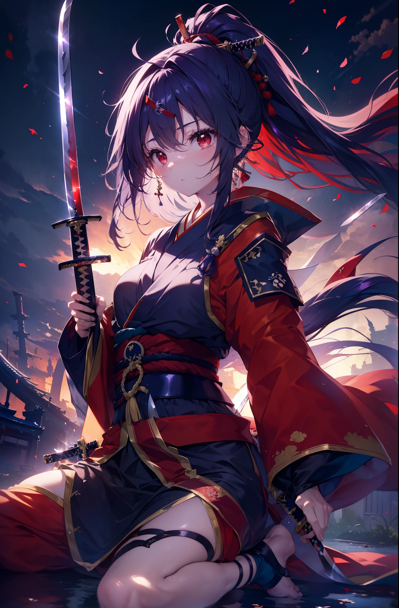 yuukikonno, Yuki Konno, hair band, long hair, pointed ears,ponytail, purple hair, (red eyes:1.5), (small breasts:1.2), open your mouth,red kimono,Purple too,white foot bag,grass sandals,(Japanese sword:1.2),(holding_Japanese sword:1.4)
break looking at viewer, Upper body, whole body,
break outdoors, medieval europe cityscape,
break (masterpiece:1.2), highest quality, High resolution, unity 8k wallpaper, (shape:0.8), (thin and beautiful eyes:1.6), highly detailed face, perfect lighting, Very detailed CG, (perfect hands, perfect anatomy),