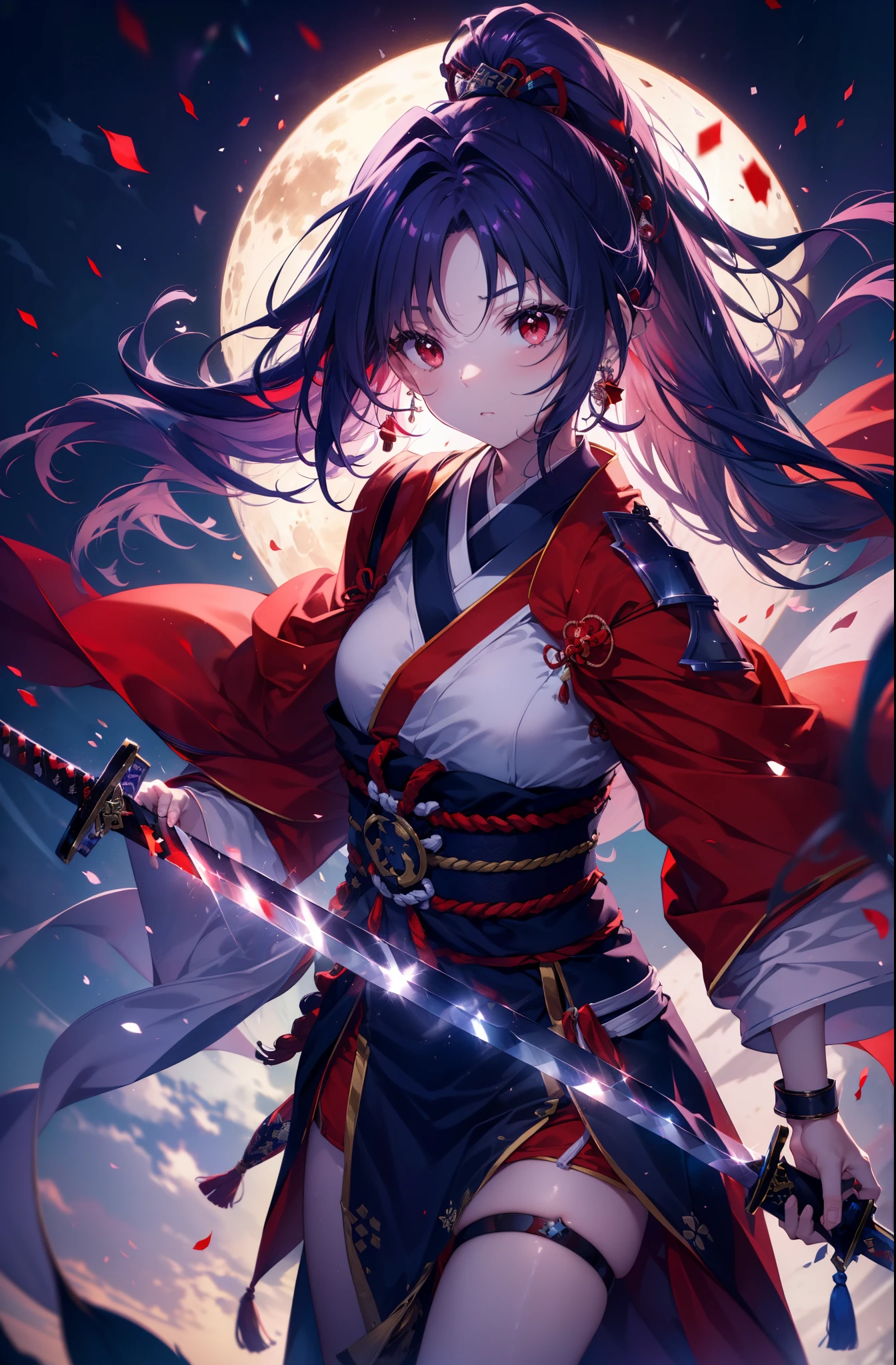 yuukikonno, Yuki Konno, hair band, long hair, pointed ears,ponytail, purple hair, (red eyes:1.5), (small breasts:1.2), open your mouth,red kimono,Purple too,white foot bag,grass sandals,(Japanese sword:1.2),(holding_Japanese sword:1.4)
break looking at viewer, Upper body, whole body,
break outdoors, medieval europe cityscape,
break (masterpiece:1.2), highest quality, High resolution, unity 8k wallpaper, (shape:0.8), (thin and beautiful eyes:1.6), highly detailed face, perfect lighting, Very detailed CG, (perfect hands, perfect anatomy),