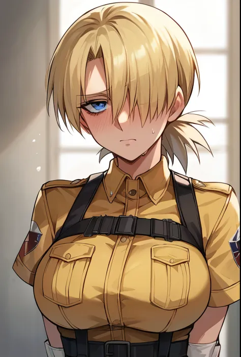score_9, score_8_up, score_7_up, source_anime, solo, 1girl, seras victoria, hellsing, blush, shy, looking at viewer, arms behind back, blonde hair, hair over one eye, blue eyes, yellow shirt, short sleeves, white gloves, sexy, humongous breasts, large breasts, boob window 