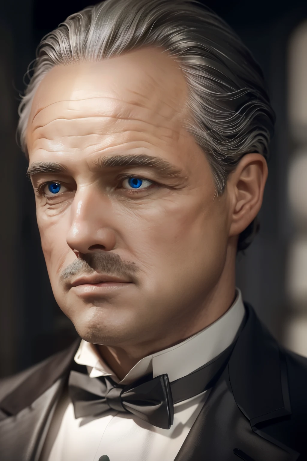 Close up of a distinguished godfather with piercing blue eyes, surrounded by an aura of science and technology. The calm expression on his face reveals the wisdom and power he possesses. The high-resolution digital art captures every detail, from the intricate lines on his face to the intensity of his gaze. This portrait is a testament to the masterful blending of art and technology, showcasing the undeniable beauty of this enigmatic character.