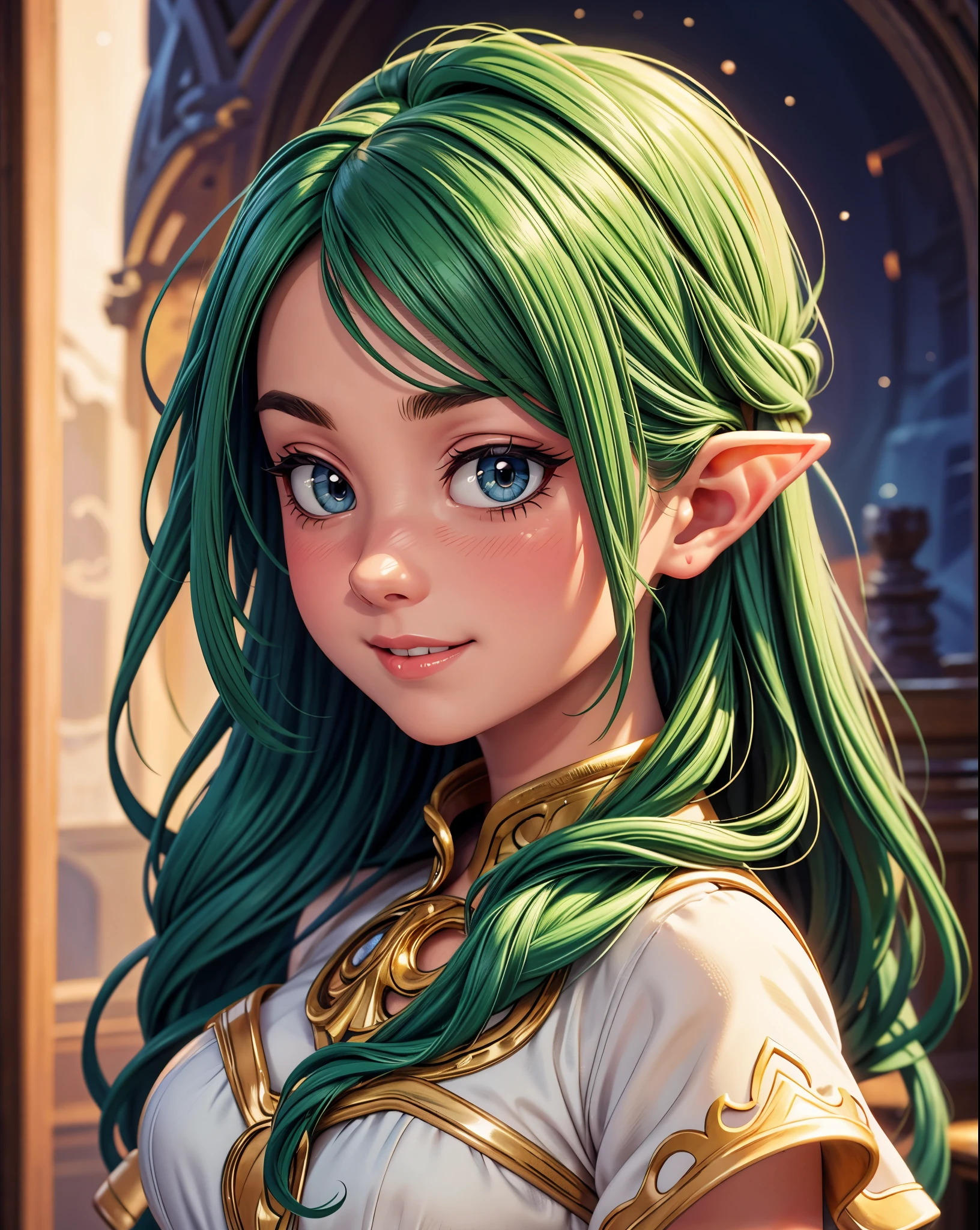 (photorealistic:1.2),(best quality,highres),elf portrait,Alphonse Mucha style,detailed eyes,detailed lips,flowing hair,fantasy background,vibrant colors,soft lighting