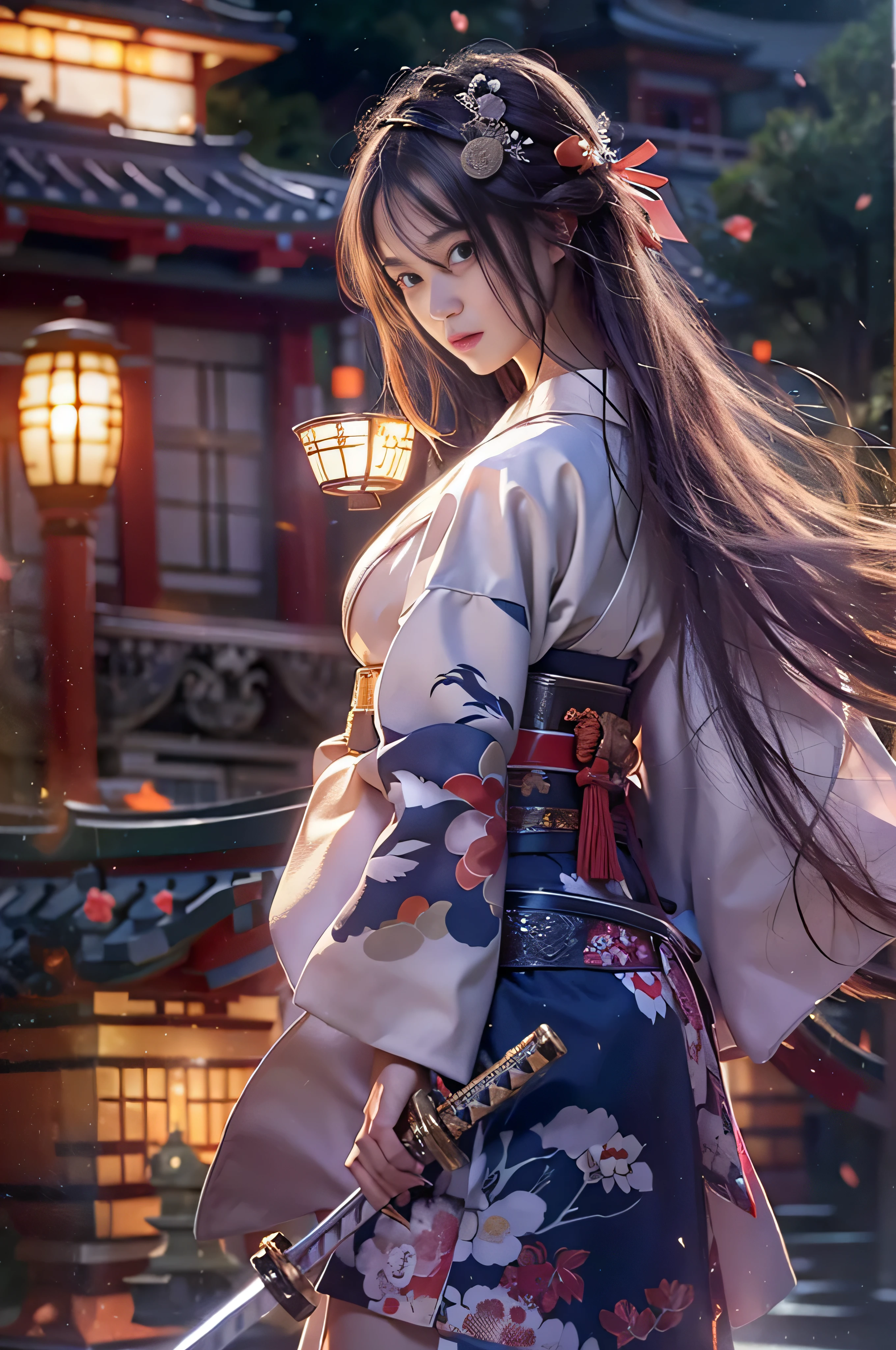 (8k, highest quality, table top:1.2), (software:1.3), (realistic, photo-realistic:1.37), 1 beautiful girl, swordsman, whole body, (japanese kimono), mini skirt, long hair, ribbon in her hair,Old Japan village, night, full moon, moonlight, fire, (((Lasts a long time, Glowing Japan sword:1.4))), battle pose, fantasy, floating hair, rain,