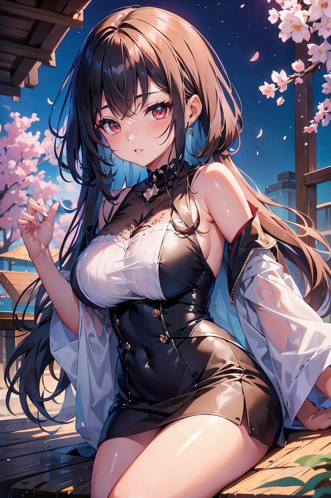 1 female、whole body、bottom angle、brown hair、long hair、well-groomed face、silver hair、dense lips、red eyes、blue one piece、valley、slim、mini skirt、cherry blossoms、cherry blossoms snowstorm、petal、hot spring town、night、full moon、masterpiece、ultra high resolution、delicate、perfect lighting、sunlight、16K