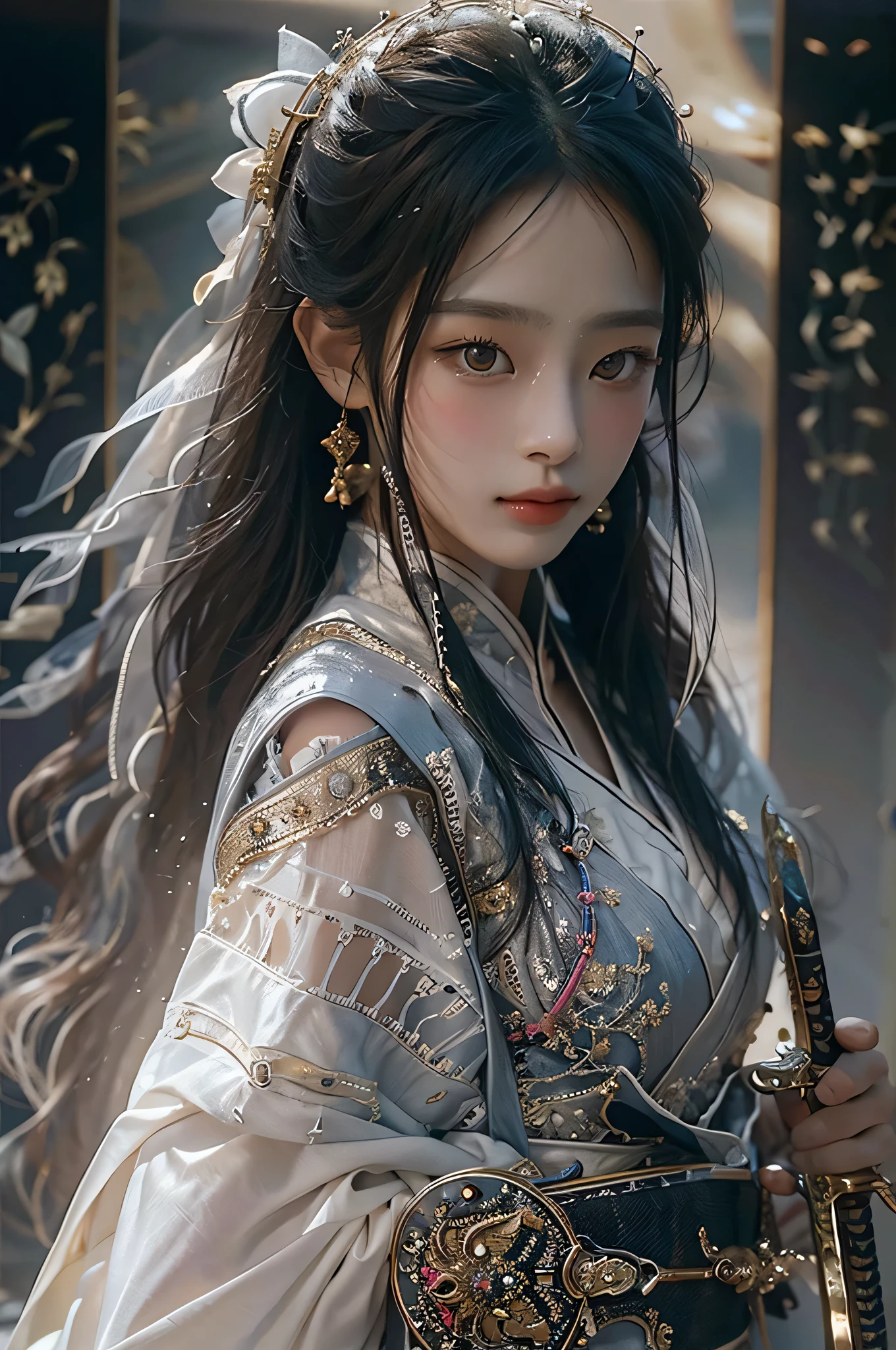 (highest image quality), (masterpiece), (vibrant, photography realistic, Realistic, Dramatic, Dark, Sharp focus, 8K), beautiful, Highly detailed face and skin texture, sexy wedding dress, ethereal beauty, mature asian woman,black long hair, make up, nsfw ,Close up shot, ((backlight)), holding sword, samurai wedding