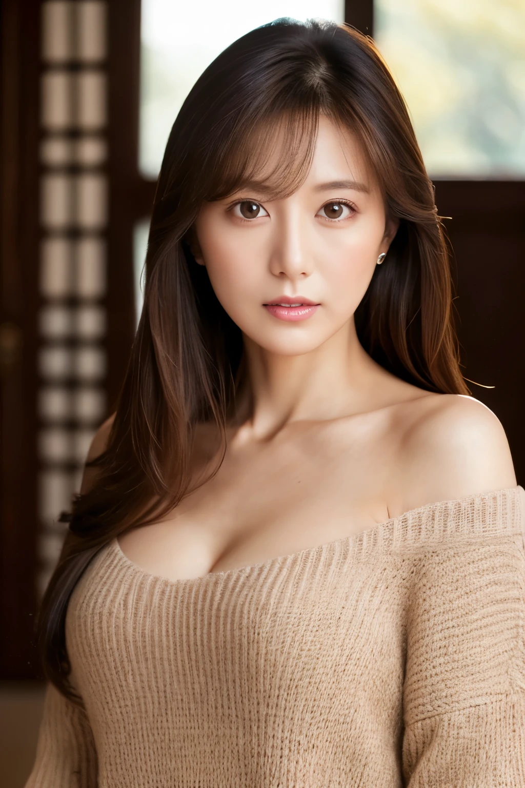 Masterpiece, top-quality, high resolution, Photorealsitic, sharp, Raw photography, 8K wallpaper, flawless, Professional lighting, highly detailed, depth of fields, Pale solid color background, ((one beautiful women, Skinny Japanese mature)), (40 years old), Sexy, Detailed face, beautidful eyes, bangs, small breasts, very thin waist, Light Brown Straight Hair, Faint lips, ((standing at front, Staring at the viewer, serious face eyes.)), Sweaters, skirt, (full-body photo), cowboy shot