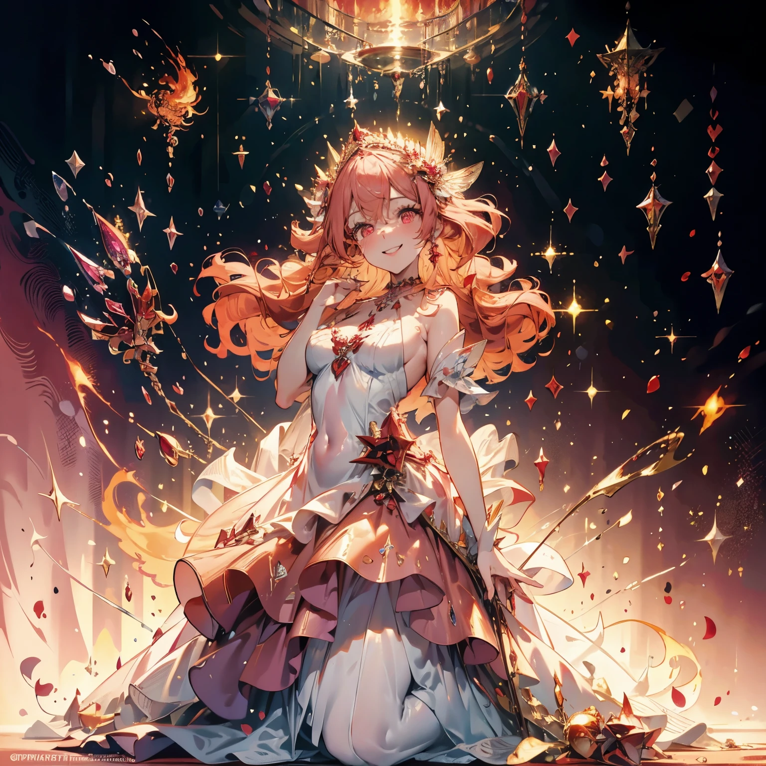  (masterpiece, very detailed, exquisite, beautiful, Full HD, High resolution, confused), (1 person),fairy woman, fire dress base,((fire motif dress)), Giant fairy wings,((smile,Excited, grin and laugh)), dynamic angle,floating, With her left hand on her hip, right hand holding fire,looking at the viewer, golden eyes, Big eyes, tanned skin, slim, ruby earrings, ruby choker, (white and red ball gown dress:1.1, fire motif dress,ruby decoration), (bob, wavy pink hair,My hair is on fire:1.2 ),fantasy, romantic academia,  cinematic lighting, volume lighting, dynamic lighting,soft edge, soft lines,dynamic angle, dramatic lighting, warm lighting, soft lighting, written boundary depth, fantasy, beautiful, dreamy atmosphere, 