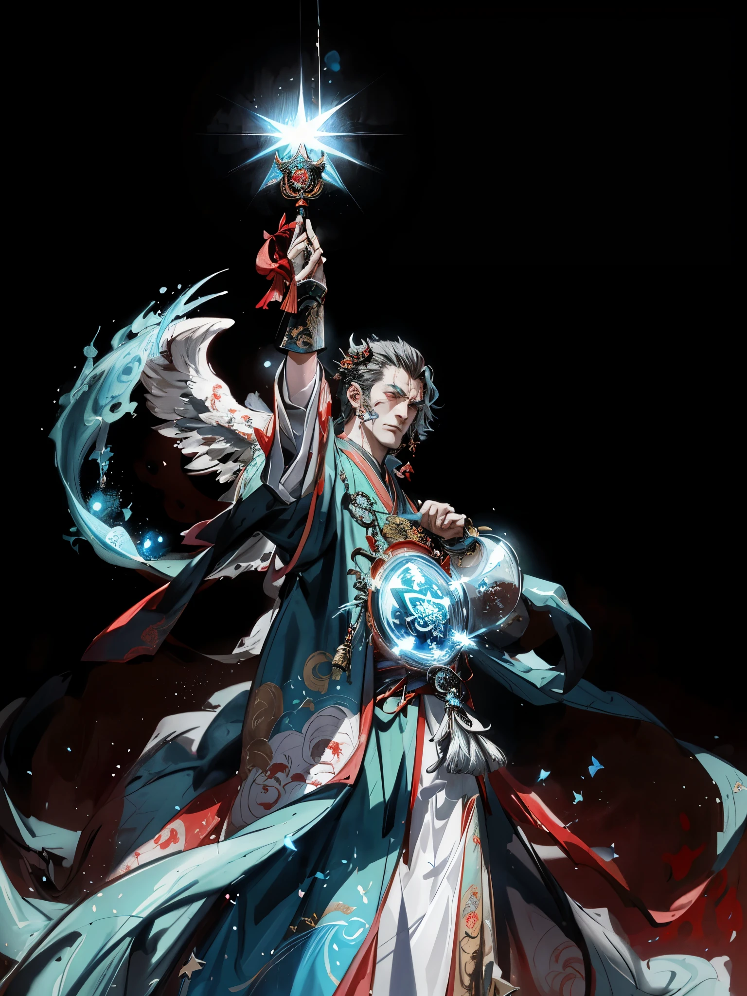 Close-up of a person holding a star in his hand, picture of a male Priest, Priest, Arcane wizard casting spells, fantasy mage, 男魔maget字姿势, 光魔mage, wizard, mage the ascension, 邪惡的wizard, mage, Onmyoji Detailed Art, lich demon mage class，clear face，Three Kingdoms Zhuge Liang，Confucianism，red clothes