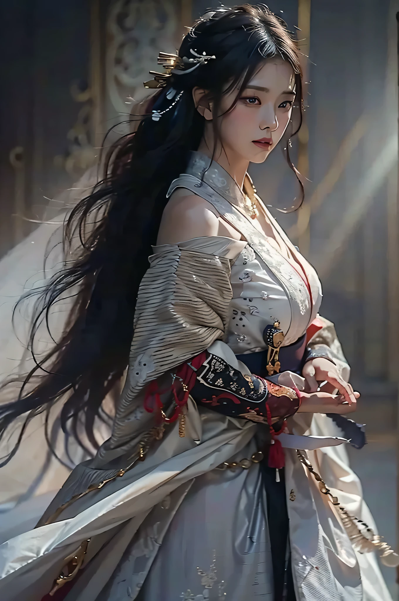 (highest image quality), (masterpiece), (vibrant, photography realistic, Realistic, Dramatic, Dark, Sharp focus, 8K), beautiful, Highly detailed face and skin texture, sexy wedding dress, ethereal beauty, mature asian woman,black messy long hair, make up, nsfw ,Close up shot, ((backlight)), holding sword, samurai wedding