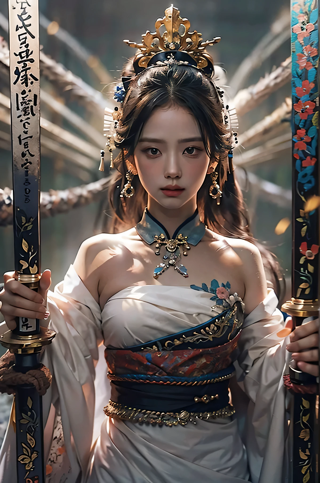 (highest image quality), (masterpiece), (vibrant, photography realistic, Realistic, Dramatic, Dark, Sharp focus, 8K), beautiful, Highly detailed face and skin texture, sexy wedding dress, ethereal beauty, mature asian woman,black messy long hair, make up, nsfw ,Close up shot, ((backlight)), holding sword, samurai wedding