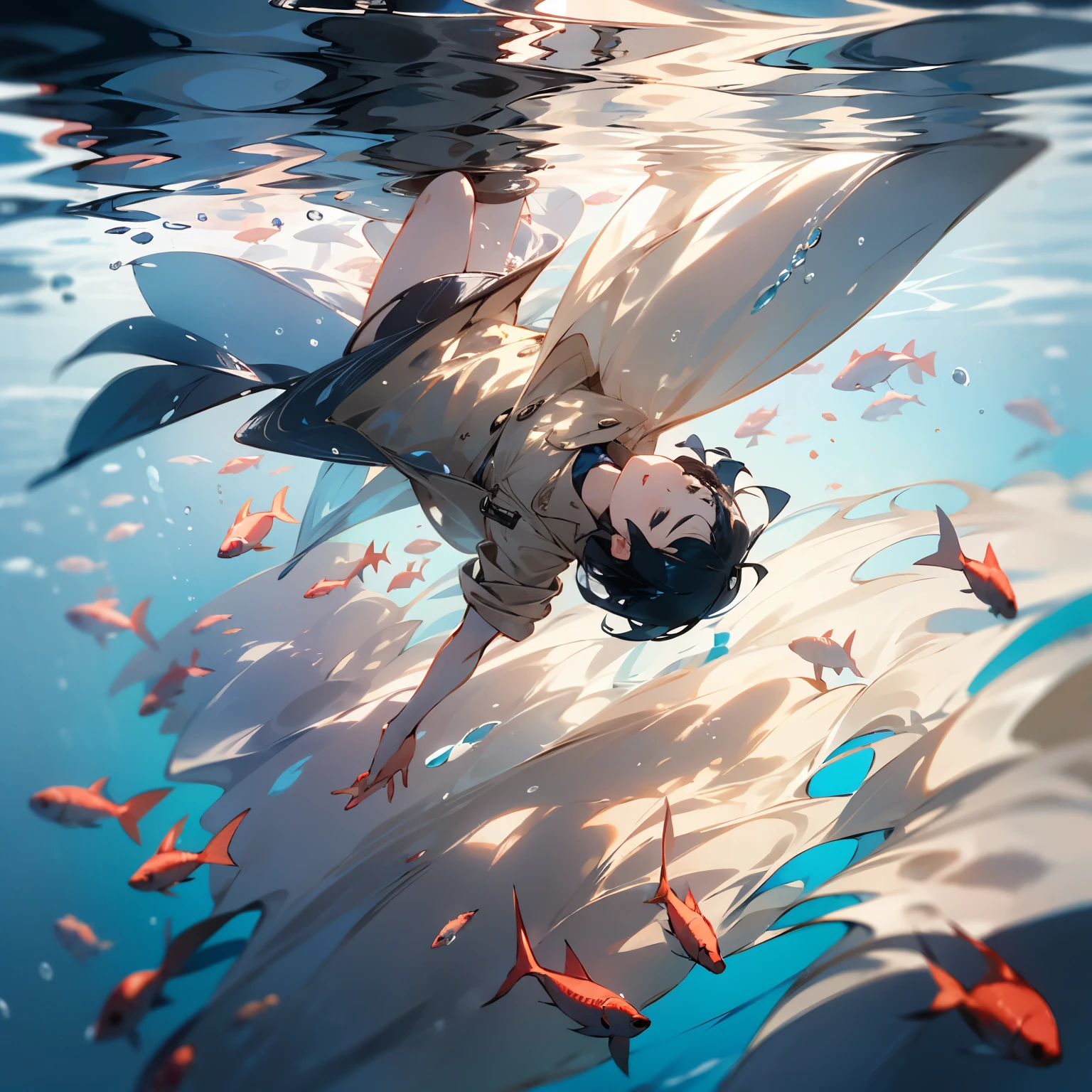 a black haired boy，Falling into the deep sea，floating in the ocean，floating underwater，clothes float，Beige trench coat，There are a lot of drawing papers floating in the water，great viewing angle，bottom-up perspective,panoramic