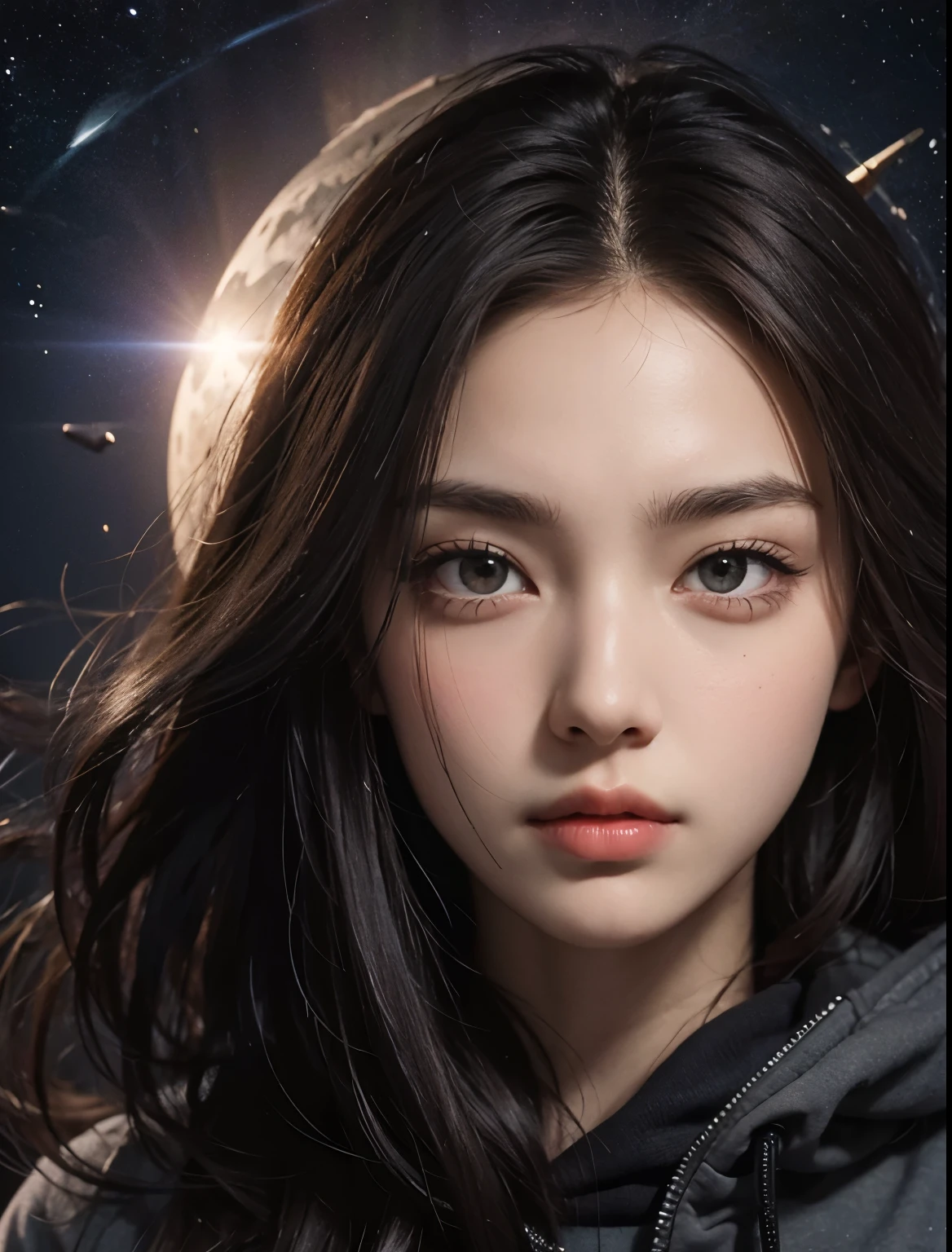 A beautiful woman. Twenty-three years old. Dark brown hair. She is looking at the camera with a serious expression. She is wearing a gray hoodie. Images of outer space and parallel universes in her background.