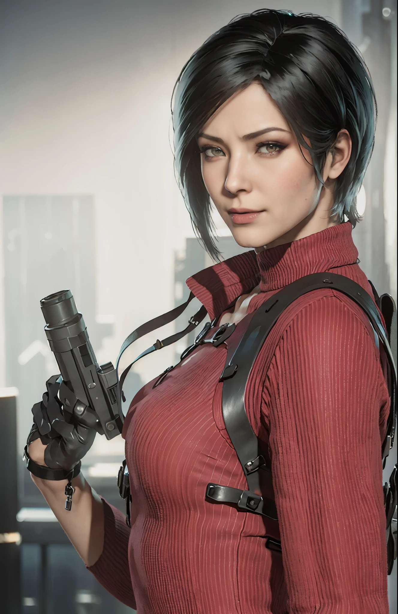 1 Mädchen, gun in hand,Blick in die Kamera， 《Resident Evil 4-Remake》Ada King in (da sind Leute), Kurzes Haar, schwarzes Haar, rotes lila Kleid,  schwarze High Heels, adrienne&#39;s Gesicht, Publikum schaut zu, Nahaufnahme, beste Qualität, Hohe Auflösung:1.2, Schatten, 4k，viele Details