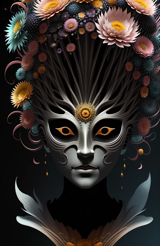 sculpture mask，hollow，sculpture，Spiky hair spreads upward，Flowers bloom on the head，3D rendering，shadow，pastel colors，Very detailed，Art work，Deco，central，symmetry