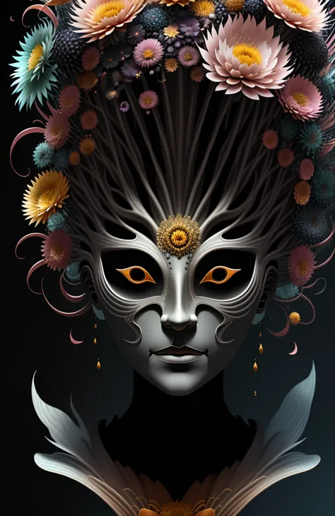 sculpture mask，hollow，sculpture，spiky hair spreads upward，flowers bloom on the head，3d rendering，shadow，pastel colors，very detai...