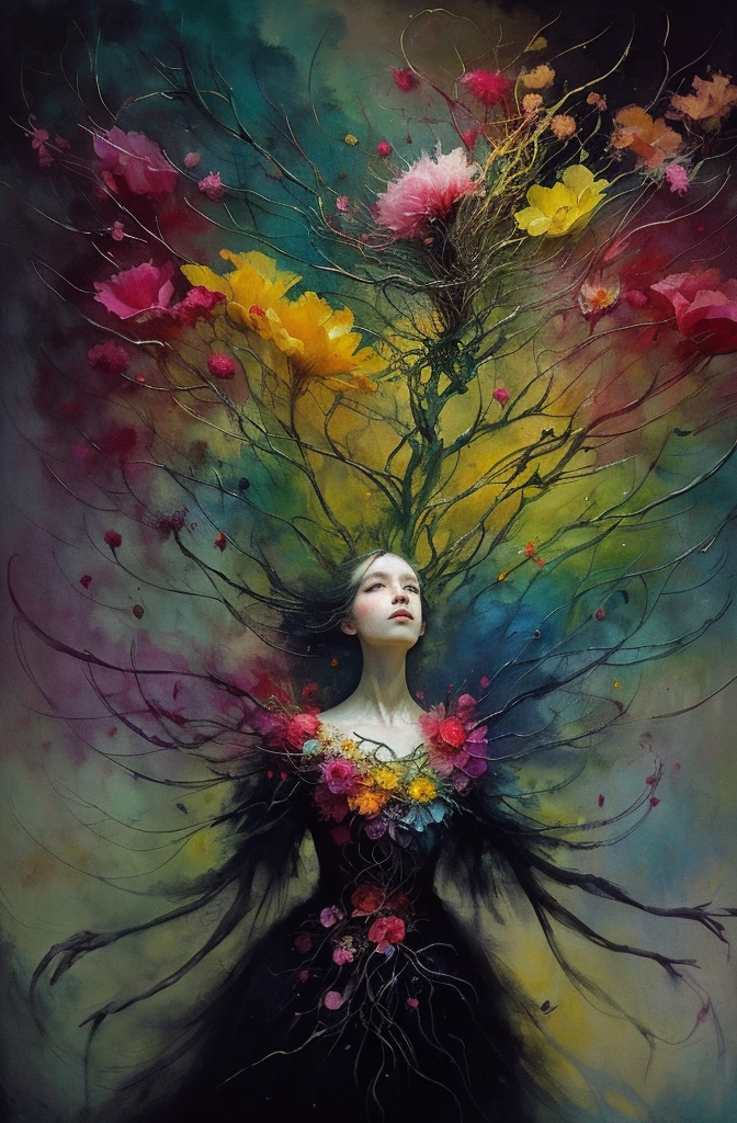 caos, elegante, colores vívidos, arte de Anne Bachelier, atmosférico, una mujer, elegante, mariposas, Flores floreciendo, en movimiento, dramático, cuerpo entero, composición organica