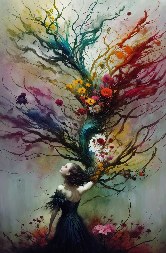 caos, elegante, cores vivas, arte por Anne Bachelier, atmosférico, uma garota, elegante, Borboletas, flores florescendo, Em Movimento, dramático, corpo inteiro, composição orgânica
