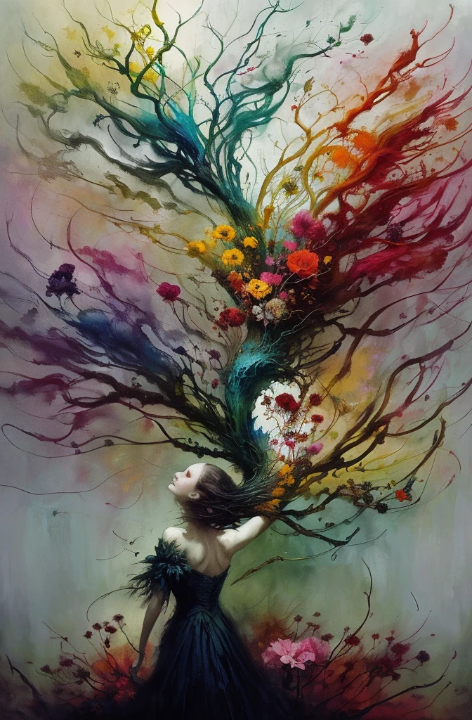 chaos, Élégant, Couleurs vives, arte por Anne Bachelier, atmosphérique, Une fille, Élégant, Papillons, fleurs en floraison, en mouvement, Spectaculaire, tout le corps, composition organique