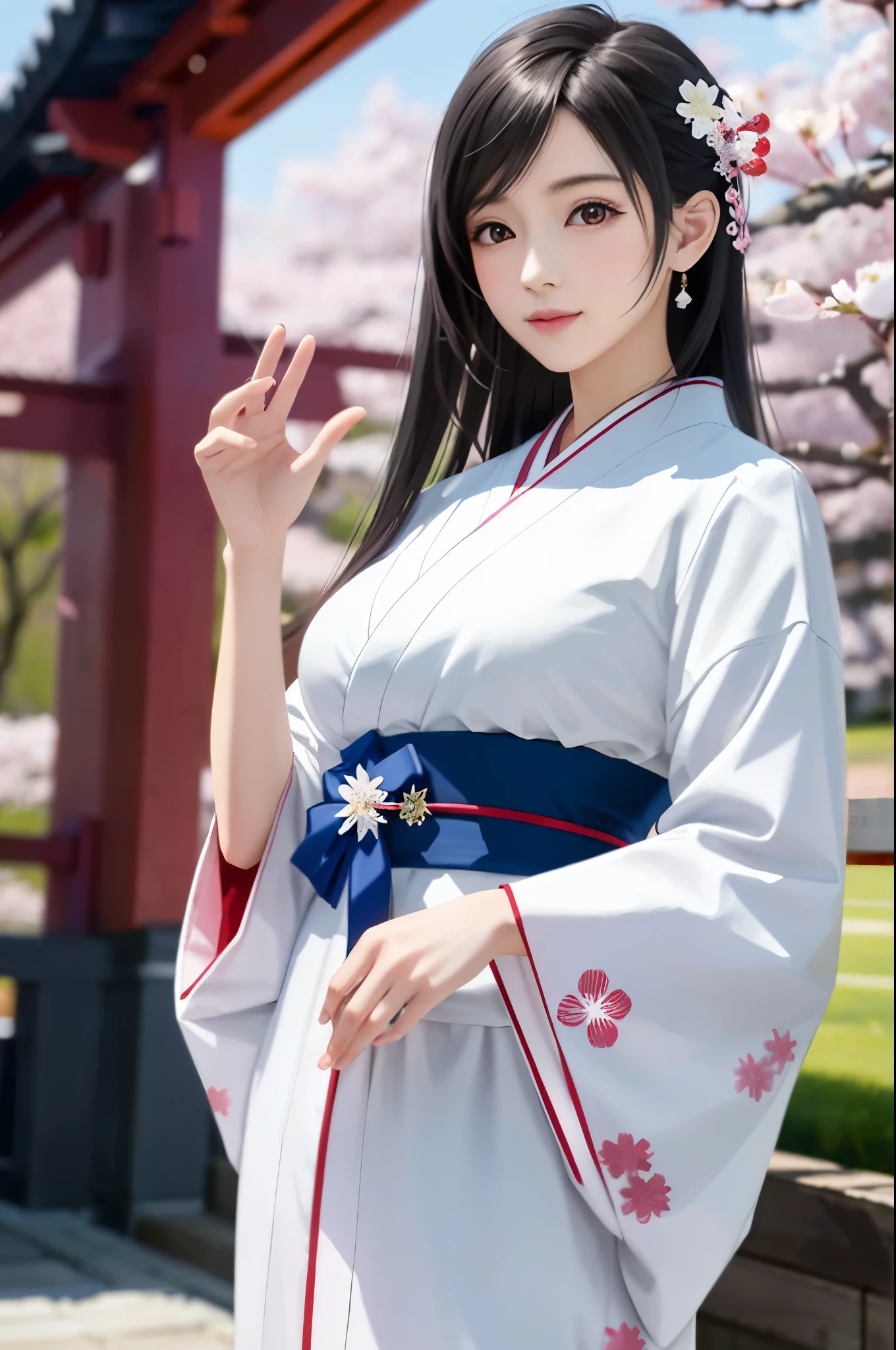 (Top Quality, Masterpiece: 1.1), (Realistic: 1.3), BREAK (((FF7,Tifa_lockhart))),Ultra-detailed face, Detailed red eyes,(black Brown Hair, Large breasts: 1.2), about 18 years old,  (White Japanese Clothing, kimono , Japanese clothes, White cherry blossom pattern, White cherry blossom embroidery pattern, A dark-haired, Beautiful face, Real Face, Beautiful detail eyes, Beautiful skin), Hair flutters in the wind, Hair jumps, Pink cherry blossom tree, Petals flutter, Sakura blizzard, Superb view, morning glow, Sun in the background, the wind, Deities, tusk, myth, Vast Land, kawaii,(cool pose:1.2),Wallpapers, ultra high res, ultra high quality, face focus:1.2