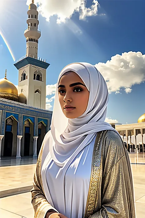 girl in hijab, iranian, white tent with golden edges, jamkaran mosque background, wide eyebrows, big black eyes, realistic, dram...