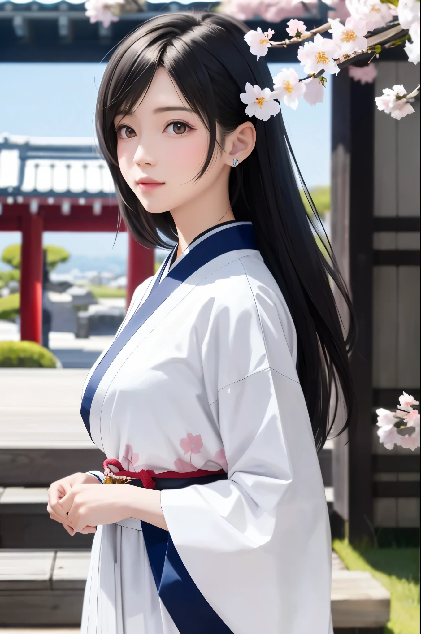 (Top Quality, Masterpiece: 1.1), (Realistic: 1.3), BREAK (((FF7,Tifa_lockhart))),Ultra-detailed face, Detailed red eyes,(black Brown Hair, Large breasts: 1.2), about 18 years old,  (White Japanese Clothing, kimono , Japanese clothes, White cherry blossom pattern, White cherry blossom embroidery pattern, A dark-haired, Beautiful face, Real Face, Beautiful detail eyes, Beautiful skin), Hair flutters in the wind, Hair jumps, Pink cherry blossom tree, Petals flutter, Sakura blizzard, Superb view, morning glow, Sun in the background, the wind, Deities, tusk, myth, Vast Land, kawaii,(cool pose:1.2),Wallpapers, ultra high res, ultra high quality, face focus:1.2, cowboy shot, {behind view:1.2, back hair:1.2}
