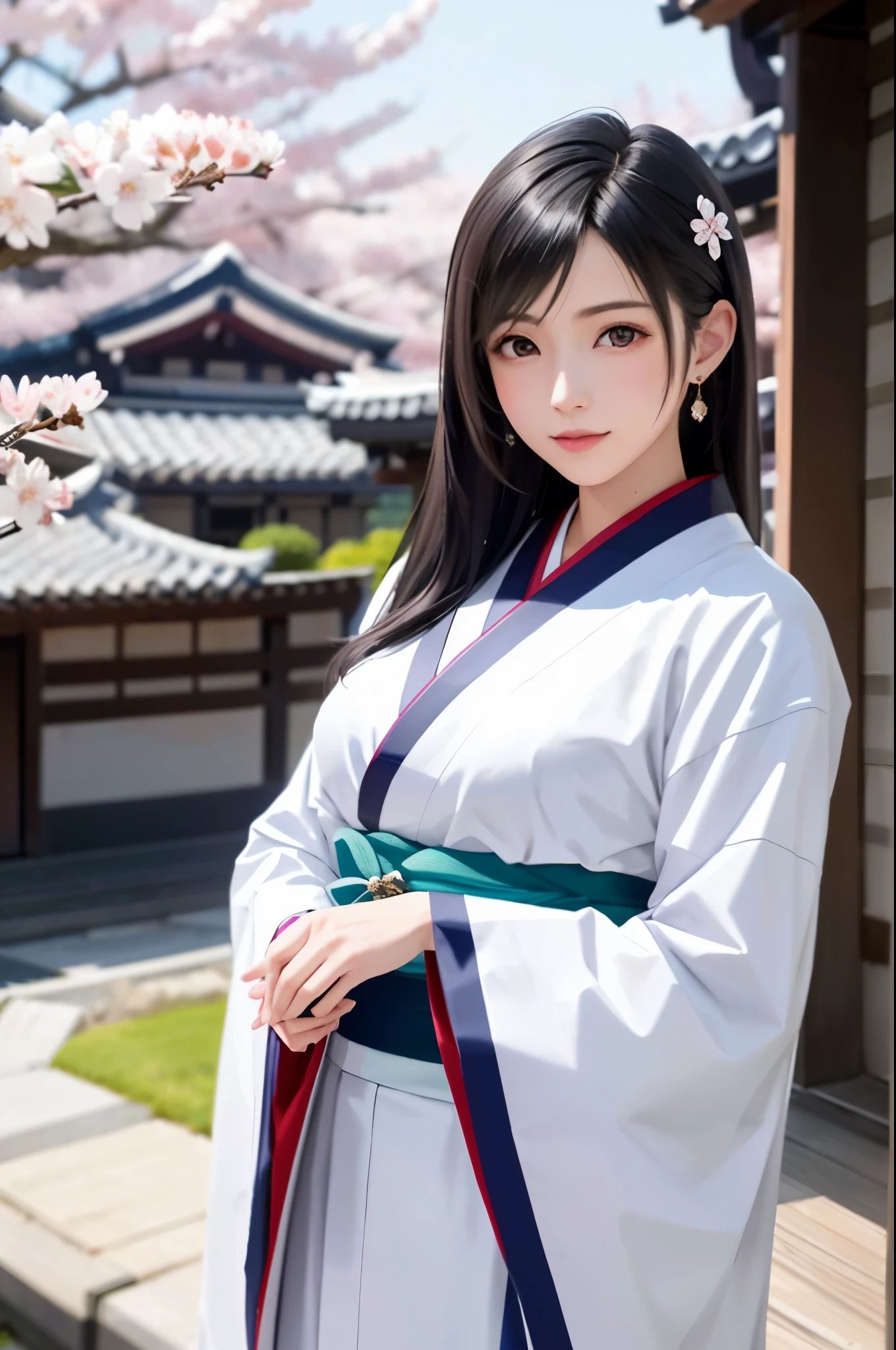 (Top Quality, Masterpiece: 1.1), (Realistic: 1.3), BREAK (((FF7,Tifa_lockhart))),Ultra-detailed face, Detailed red eyes,(black Brown Hair, Large breasts: 1.2), about 18 years old,  (White Japanese Clothing, kimono , Japanese clothes, White cherry blossom pattern, White cherry blossom embroidery pattern, A dark-haired, Beautiful face, Real Face, Beautiful detail eyes, Beautiful skin), Hair flutters in the wind, Hair jumps, Pink cherry blossom tree, Petals flutter, Sakura blizzard, Superb view, morning glow, Sun in the background, the wind, Deities, tusk, myth, Vast Land, kawaii,(cool pose:1.2),Wallpapers, ultra high res, ultra high quality, face focus:1.2, cowboy shot, {behind view:1.2, back hair:1.2}