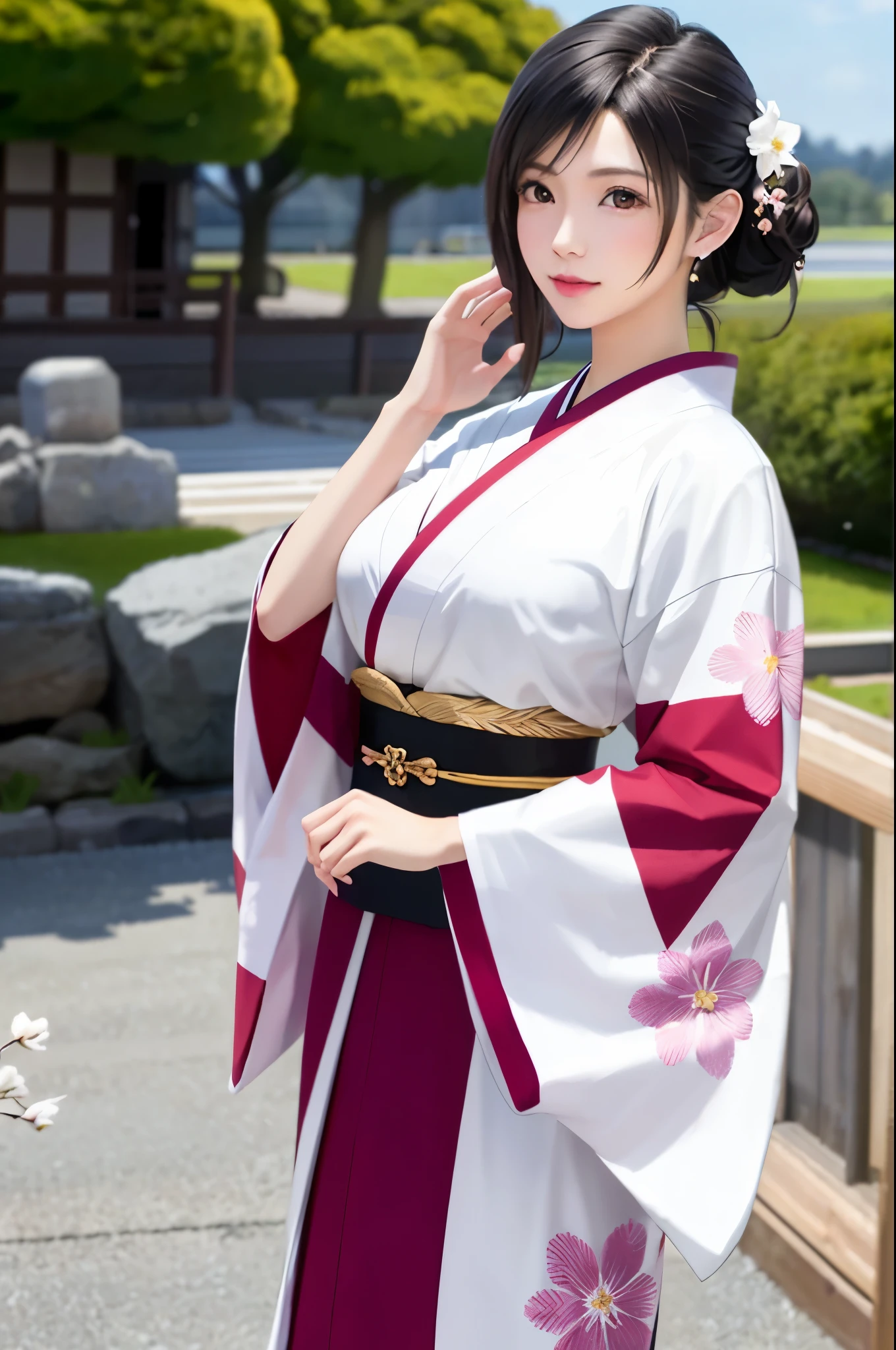 (Top Quality, Masterpiece: 1.1), (Realistic: 1.3), BREAK (((FF7,Tifa_lockhart))),Ultra-detailed face, Detailed red eyes,(black Brown Hair, Large breasts: 1.2), about 18 years old,  (White Japanese Clothing, kimono , Japanese clothes, White cherry blossom pattern, White cherry blossom embroidery pattern, A dark-haired, Beautiful face, Real Face, Beautiful detail eyes, Beautiful skin), Hair flutters in the wind, Hair jumps, Pink cherry blossom tree, Petals flutter, Sakura blizzard, Superb view, sunset, Sun in the background, the wind, Deities, tusk, myth, Vast Land, kawaii,(cool pose:1.2),Wallpapers, ultra high res, ultra high quality, face focus:1.2, cowboy shot, {behind view:1.2, back hair:1.2}