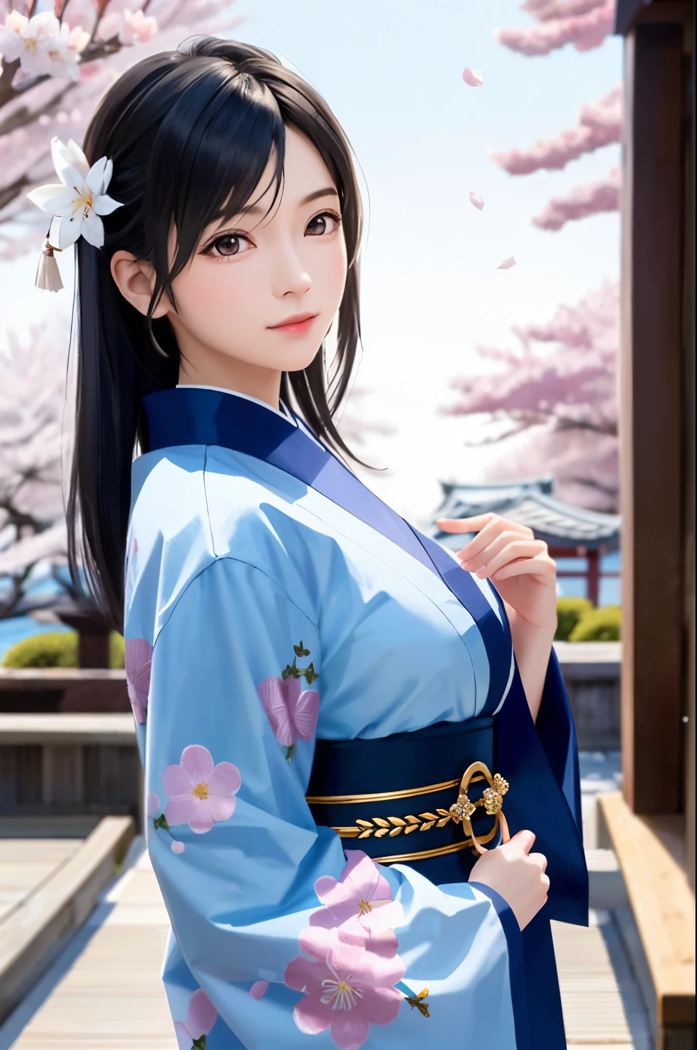 (Top Quality, Masterpiece: 1.1), (Realistic: 1.3), BREAK (((FF7,Tifa_lockhart))),Ultra-detailed face, Detailed red eyes,(black Brown Hair, Large breasts: 1.2), about 18 years old,  (White Japanese Clothing, kimono , Japanese clothes, White cherry blossom pattern, White cherry blossom embroidery pattern, A dark-haired, Beautiful face, Real Face, Beautiful detail eyes, Beautiful skin), Hair flutters in the wind, Hair jumps, Pink cherry blossom tree, Petals flutter, Sakura blizzard, Superb view, sunset, Sun in the background, the wind, Deities, tusk, myth, Vast Land, kawaii,(cool pose:1.2),Wallpapers, ultra high res, ultra high quality, face focus:1.2, cowboy shot, {{behind view, back shot, back hair}}