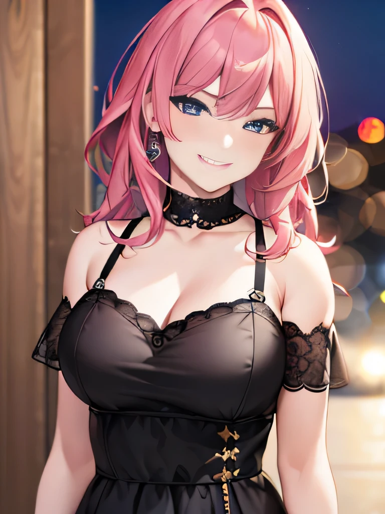 (best quality,4k,8k,highres,masterpiece:1.2), ultra-detailed, realistic:1.37, HDR, UHD, studio lighting, extreme detail description, professional, vivid colors, bokeh, portraits, pink hair, in a modern black dress, mischievous smirk