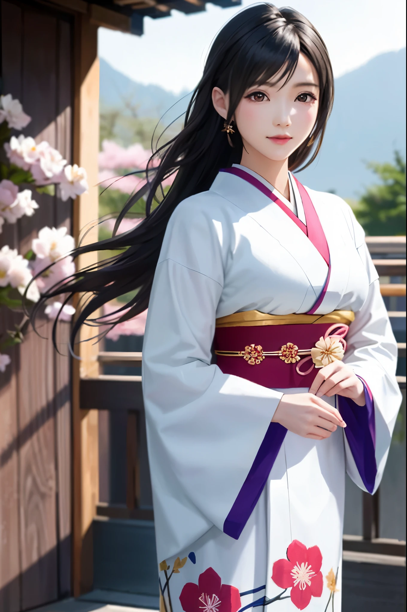 (Top Quality, Masterpiece: 1.1), (Realistic: 1.3), BREAK (((FF7,Tifa_lockhart))),Ultra-detailed face, Detailed red eyes,(black Brown Hair, Large breasts: 1.2), about 18 years old,  (White Japanese Clothing, kimono , Japanese clothes, White cherry blossom pattern, White cherry blossom embroidery pattern, A dark-haired, Beautiful face, Real Face, Beautiful detail eyes, Beautiful skin), Hair flutters in the wind, Hair jumps, Pink cherry blossom tree, Petals flutter, Sakura blizzard, Superb view, sunset, Sun in the background, the wind, Deities, tusk, myth, Vast Land, kawaii, sensual,(erotic pose:1.2),Wallpapers, ultra high res, ultra high quality, face focus:1.2, cowboy shot, {{behind view, back shot, back hair}}