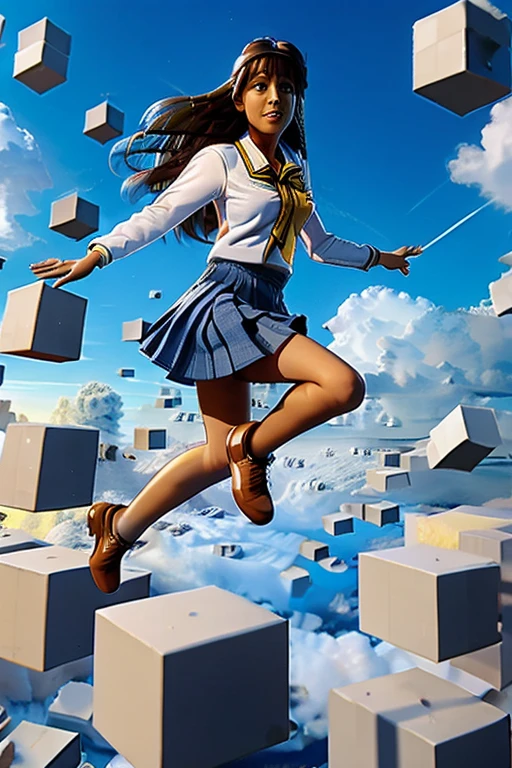 fujisaki shiori, yellow hairband, school uniform, serafuku, long sleeves, pleated skirt, ice cube, jumpSky,floating brick object,jumping,in high position,sky,above clouds,too many blocks,looking down,from above,
